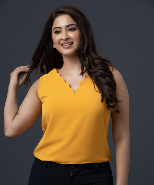 Mustard Solid Scallop Trim Sleeveless Top